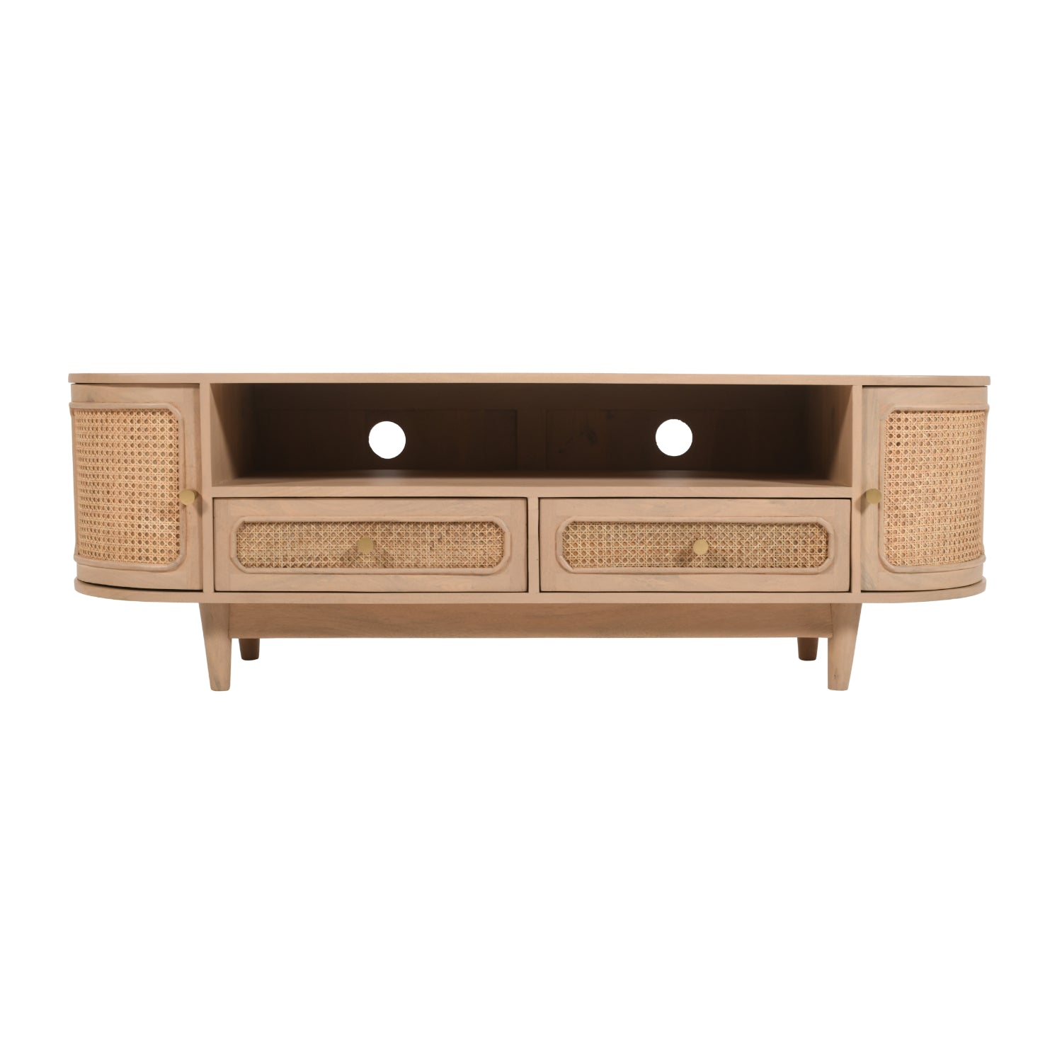 Chester Cane And Wood 2 Drawers TV Cabinet Beige TV stand with wicker detailing on a white background