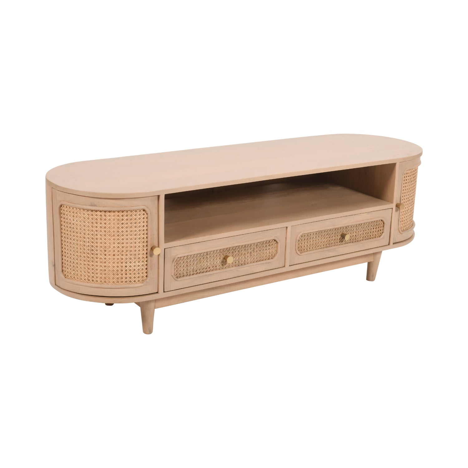 Chester Cane And Wood 2 Drawers TV Cabinet Beige TV stand with wicker design on a white background