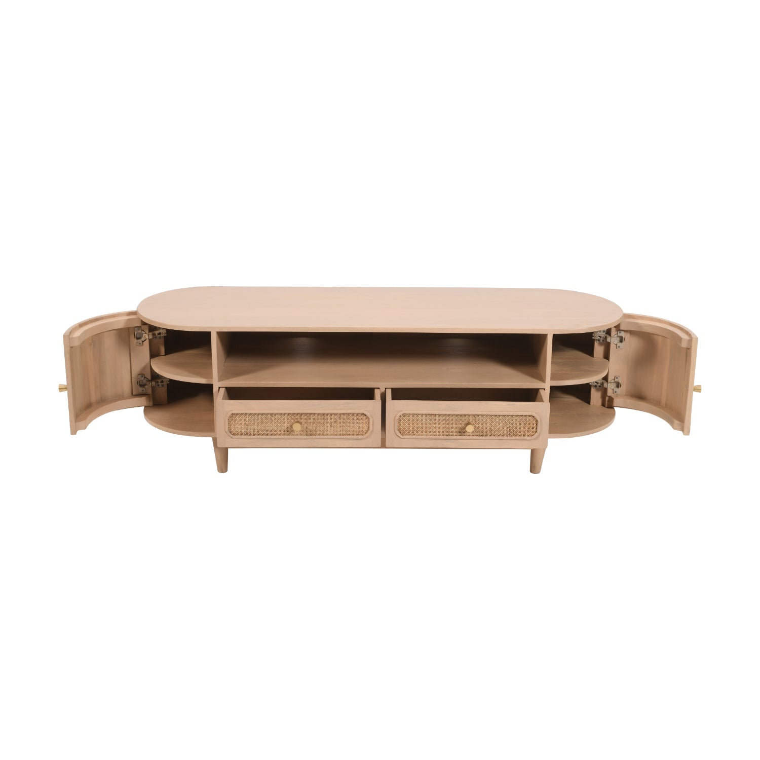 Chester Cane And Wood 2 Drawers TV Cabinet Beige entertainment console with open doors on a white background