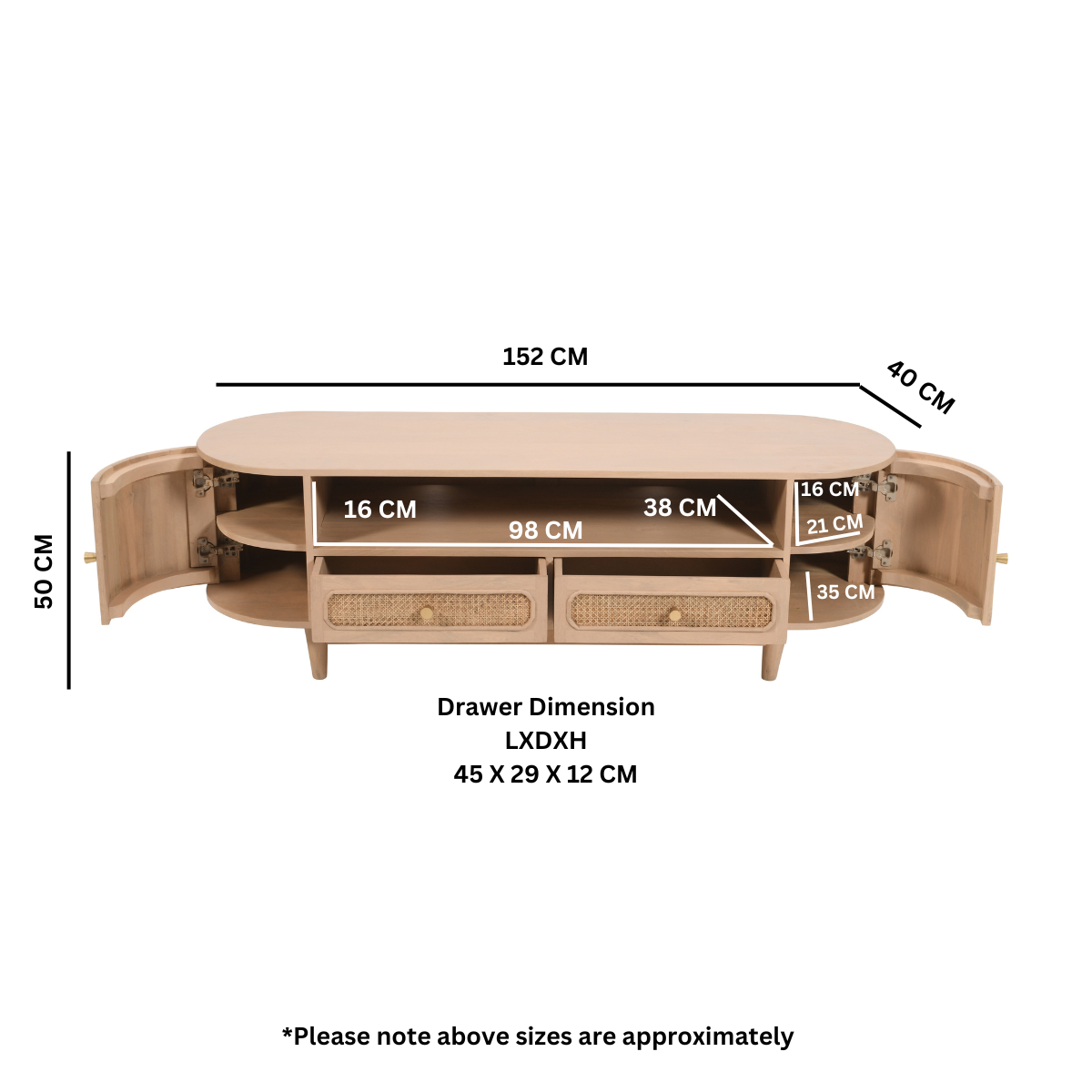 Chester Cane And Wood 2 Drawers TV Cabinet Dimensions of a wooden cabinet with open doors on a white background