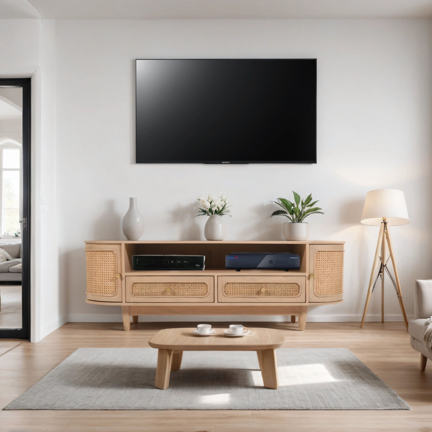 Chester Cane And Wood 2 Drawers TV Cabinet Modern living room with wooden TV stand, television, and decor items.