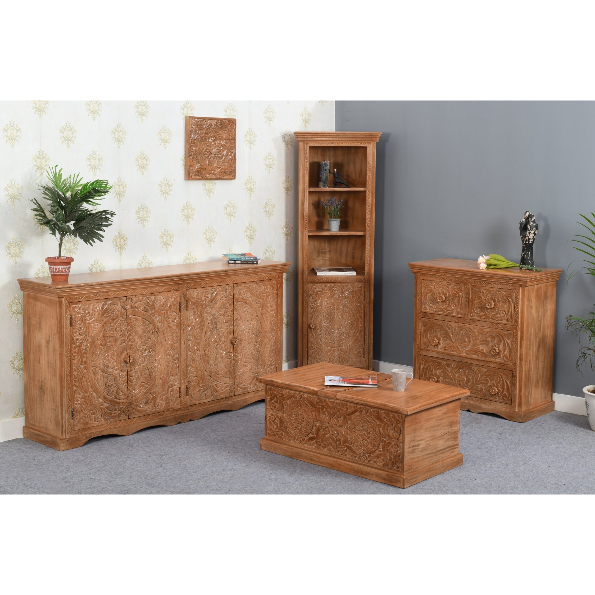 Carved Mango Wood Extra Large Sideboard with 4 Doors Carved Mango Wood Extra Large Sideboard with 4 Doors