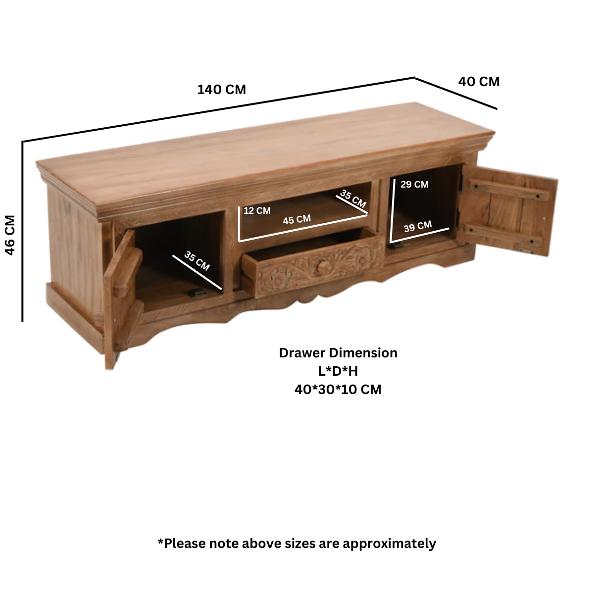 Carved Mango Wood TV Cabinet With 2 Doors, 1 Drawers Carved Mango Wood TV Cabinet With 2 Doors, 1 Drawers