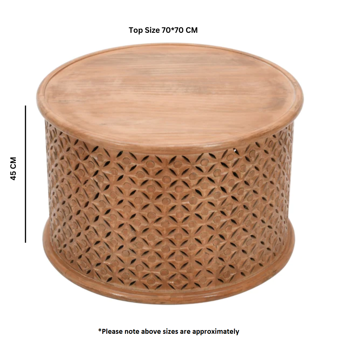 Carved Mango Wood Round Coffee Table Wooden side table with lattice design on a white background
