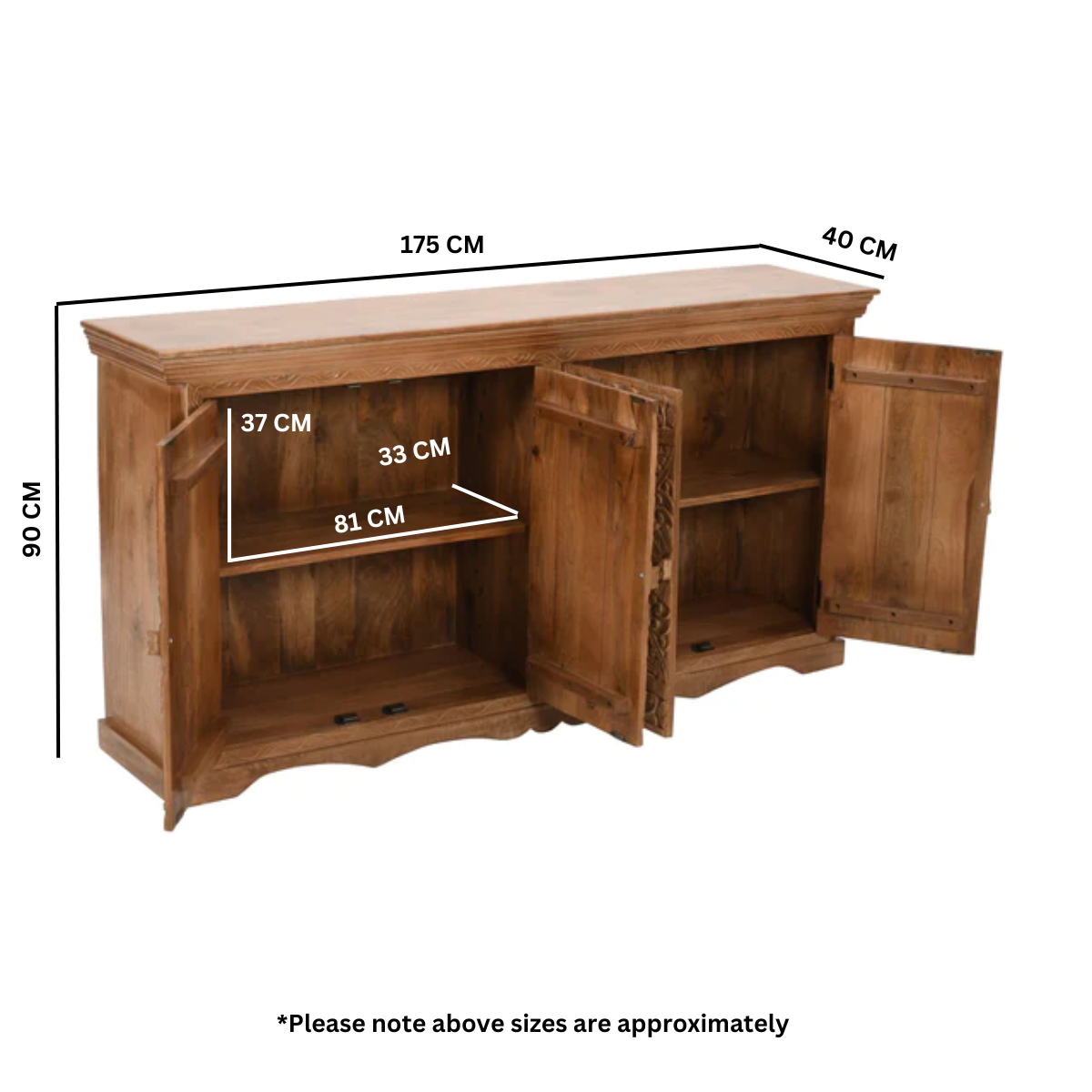 Carved Mango Wood Extra Large Sideboard with 4 Doors Carved Mango Wood Extra Large Sideboard with 4 Doors