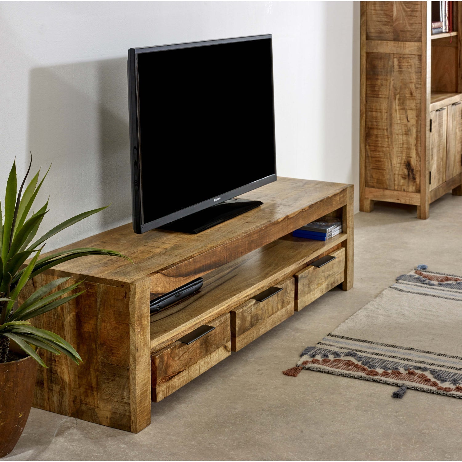 Merlin Mango Wooden Large TV Stand With 3 Drawers Merlin Mango Wooden Large TV Stand With 3 Drawers
