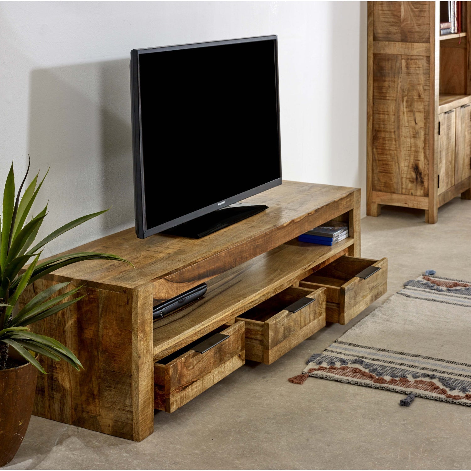 Merlin Mango Wooden Large TV Stand With 3 Drawers Merlin Mango Wooden Large TV Stand With 3 Drawers