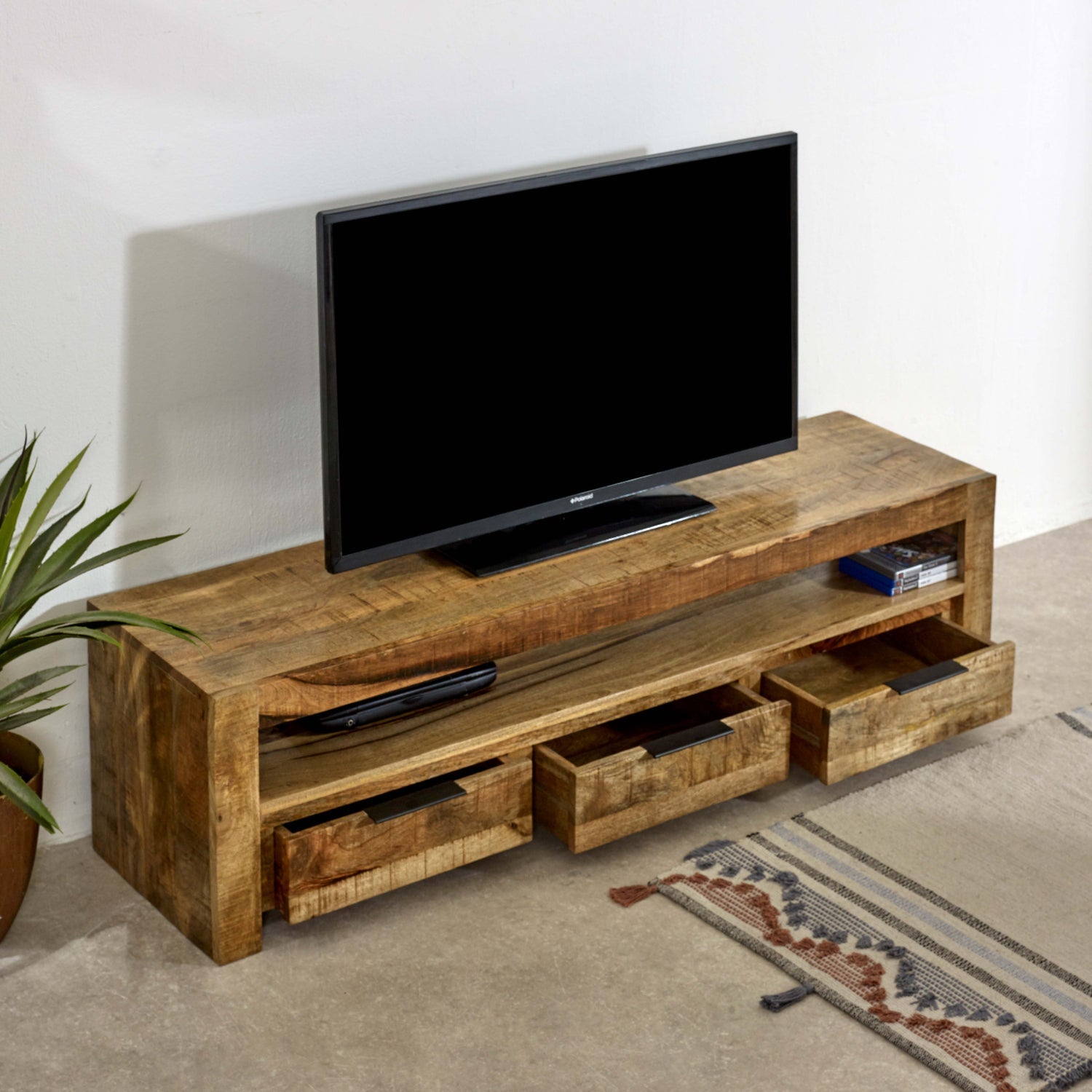 Merlin Mango Wooden Large TV Stand With 3 Drawers Merlin Mango Wooden Large TV Stand With 3 Drawers