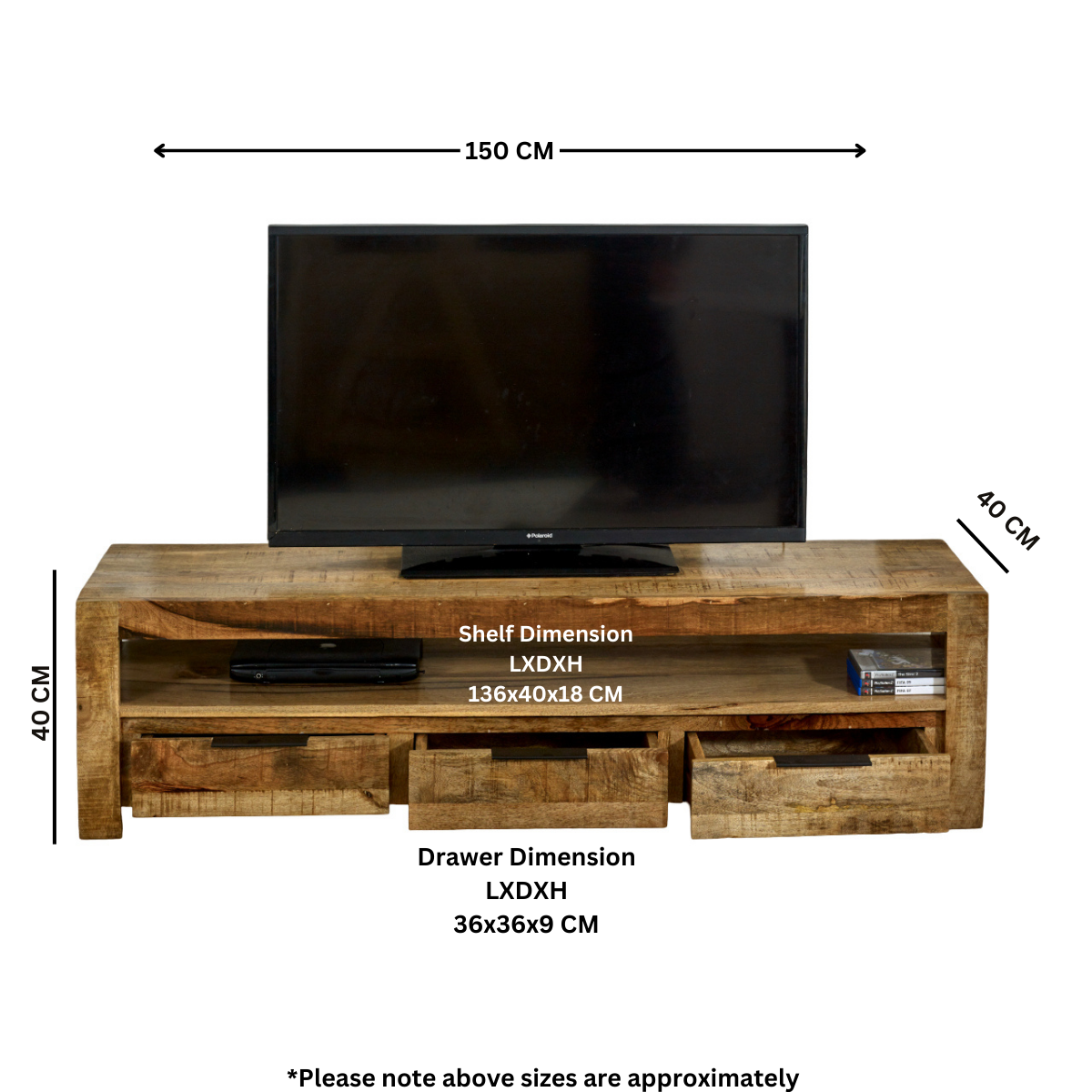 Merlin Mango Wooden Large TV Stand With 3 Drawers Merlin Mango Wooden Large TV Stand With 3 Drawers