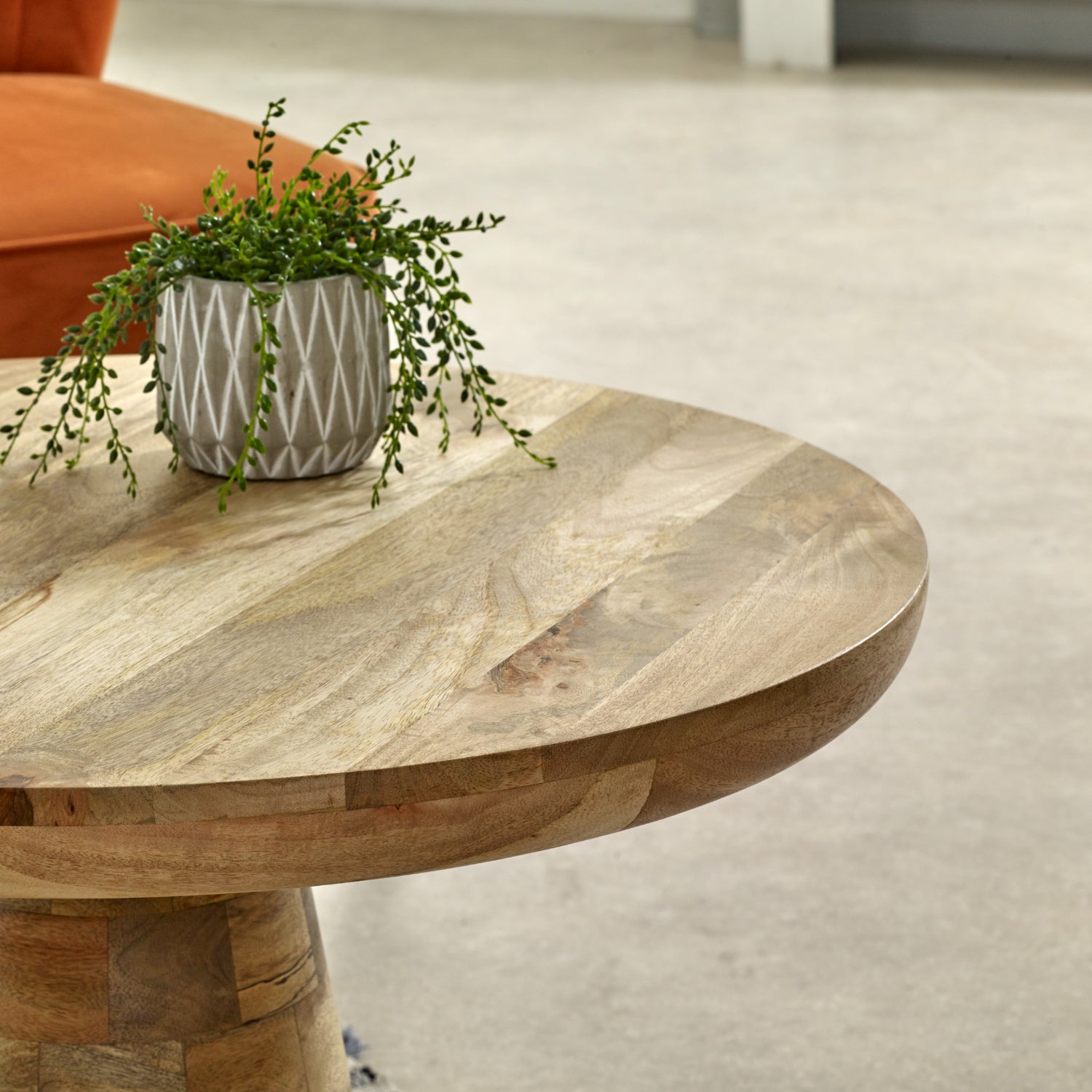 Merlin Mango Wooden Round Coffee Table Mushroom Style Round wooden table with a potted plant on a neutral background