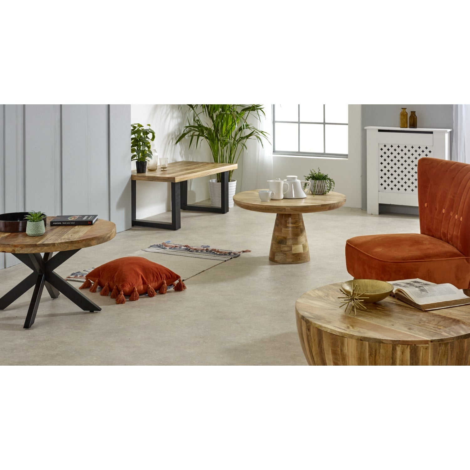 Merlin Mango Wooden Round Coffee Table Mushroom Style Modern living room with wooden furniture and decor