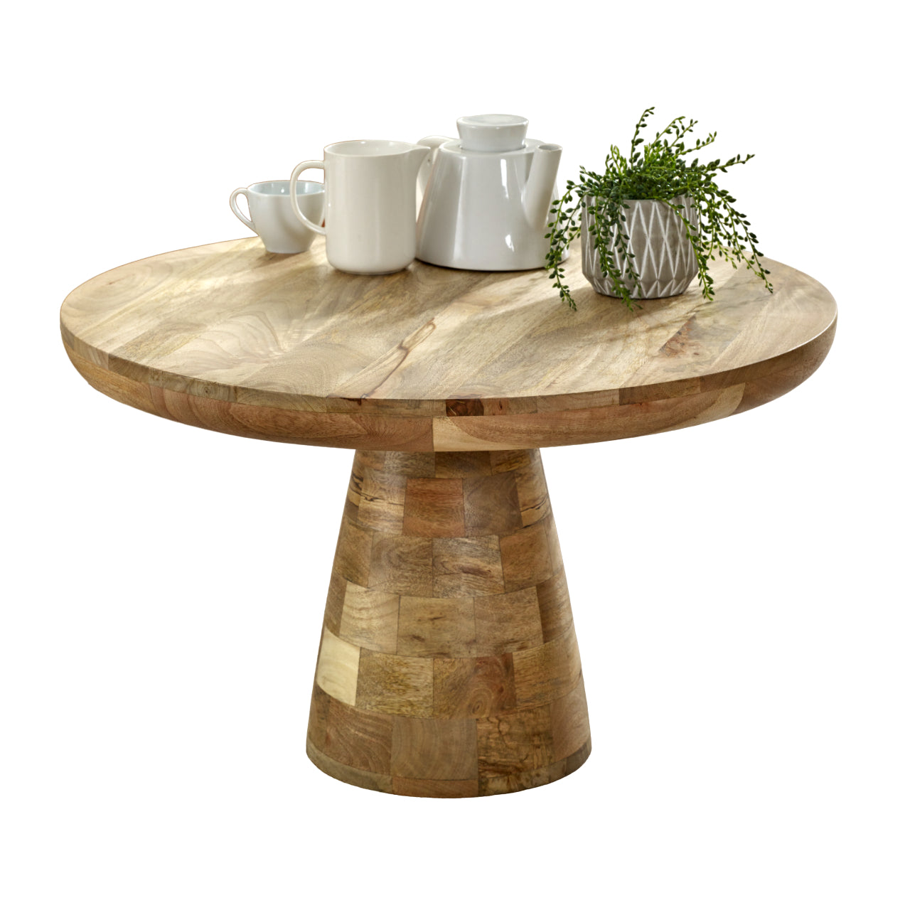 Merlin Mango Wooden Round Coffee Table Mushroom Style Round wooden table with decorative items on a white background