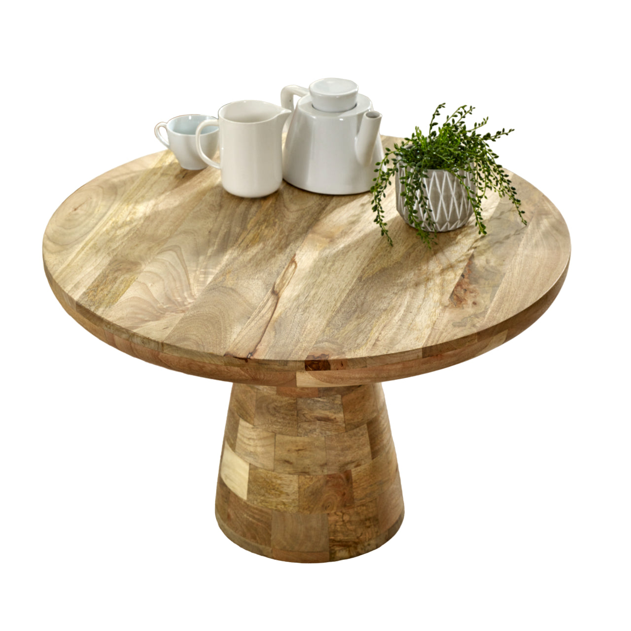 Merlin Mango Wooden Round Coffee Table Mushroom Style Wooden round table with white ceramic items on a white background