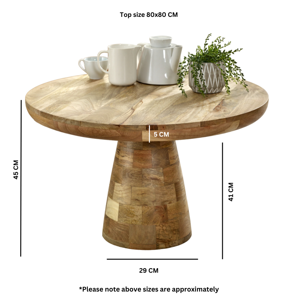 Merlin Mango Wooden Round Coffee Table Mushroom Style Wooden round table with measurements on a white background