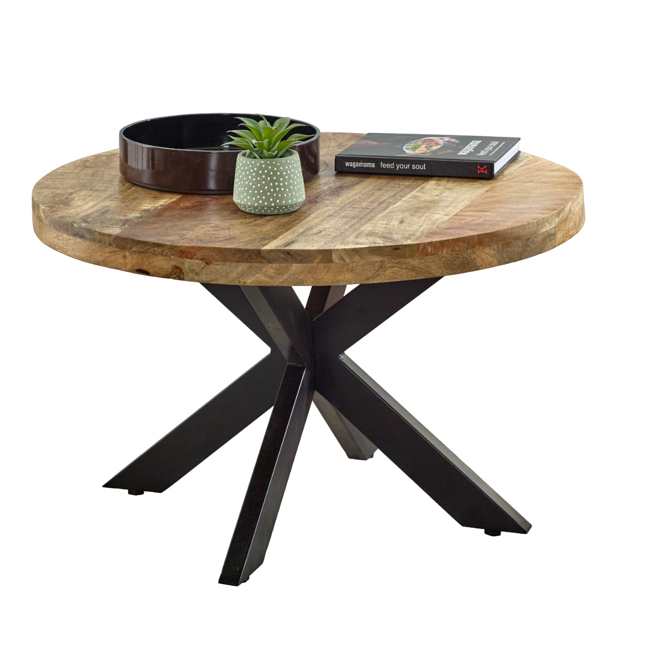 Merlin Mango Wooden Round Coffee Table Spider Legs Round wooden table with black metal legs on a white background