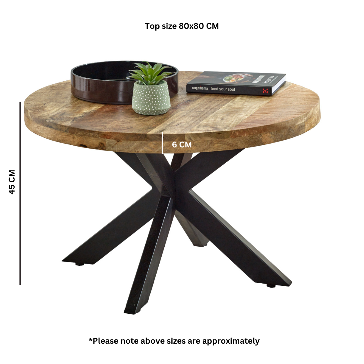 Merlin Mango Wooden Round Coffee Table Spider Legs Wooden round table with black metal legs and measurements on a white background