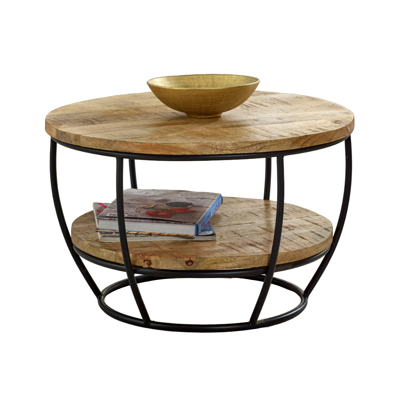 Merlin Mango Wooden & Metal Coffee Table With Shelf Round wooden coffee table with metal frame on a white background