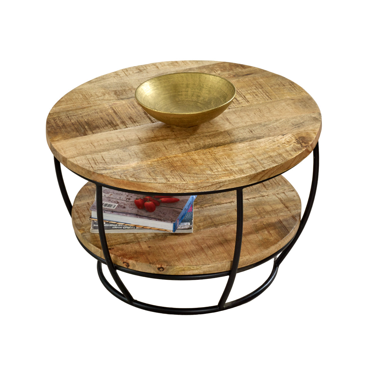 Merlin Mango Wooden & Metal Coffee Table With Shelf Round wooden coffee table with a metal frame on a white background
