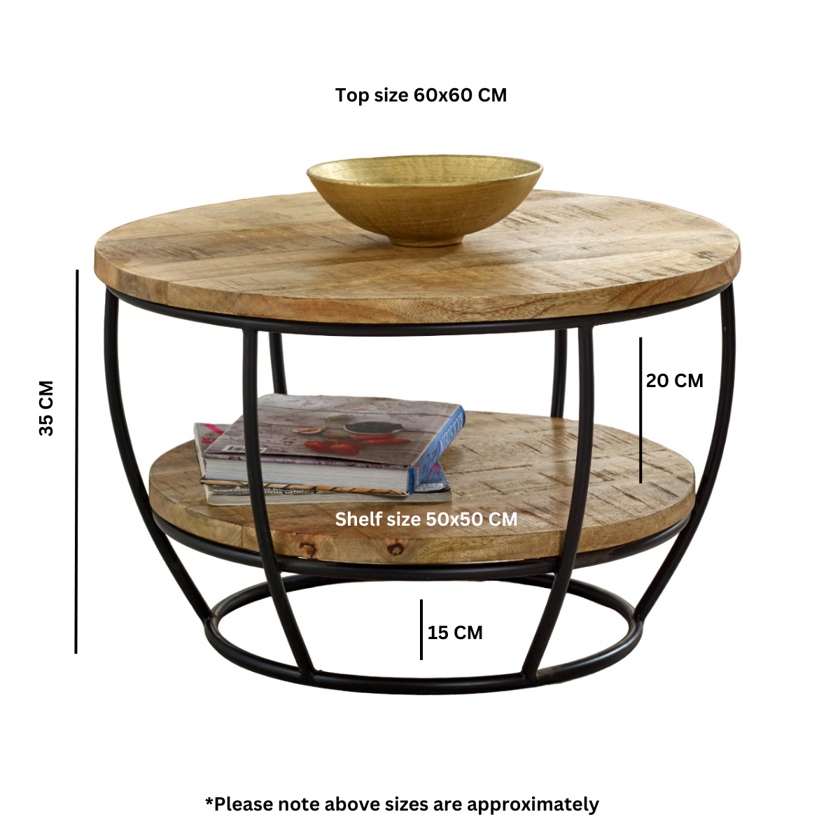 Merlin Mango Wooden & Metal Coffee Table With Shelf Round wooden coffee table with metal frame and dimensions displayed