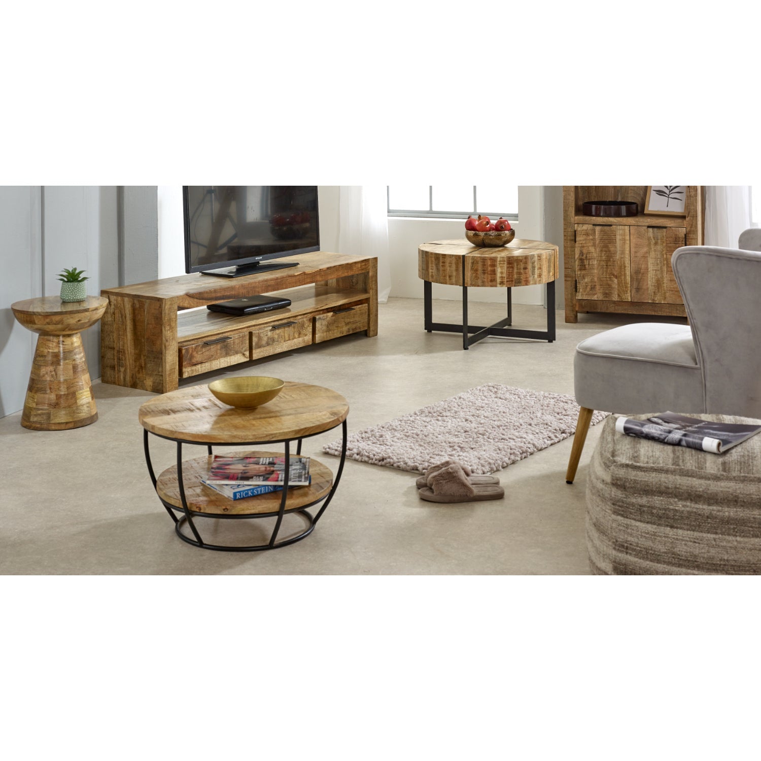 Merlin Mango Wooden Coffee Table With Metal Legs Living room with wooden furniture including a TV stand, coffee table, and side tables.