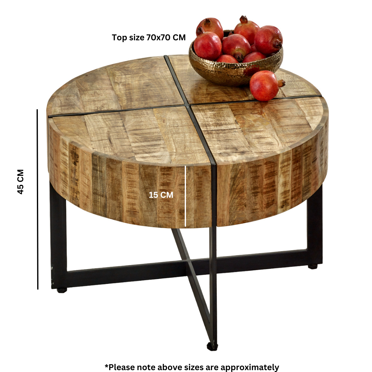 Merlin Mango Wooden Coffee Table With Metal Legs Round wooden coffee table with dimensions and a bowl of pomegranates on top.