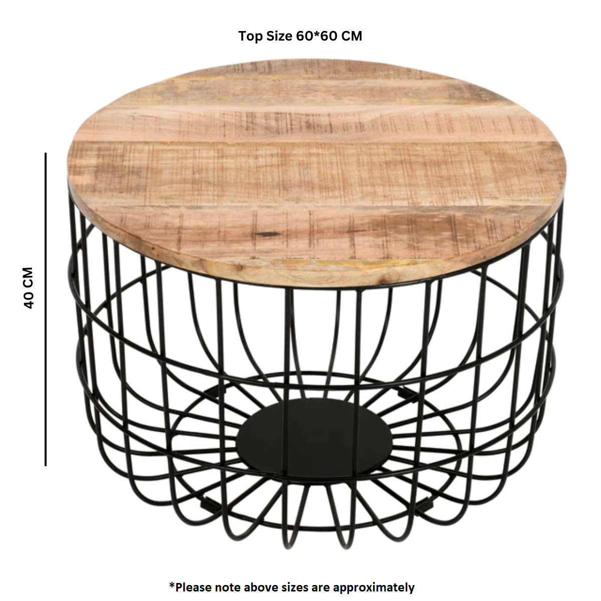 Merlin Mango Wooden Wire Coffee Table Round side table with wooden top and black metal base, dimensions indicated.