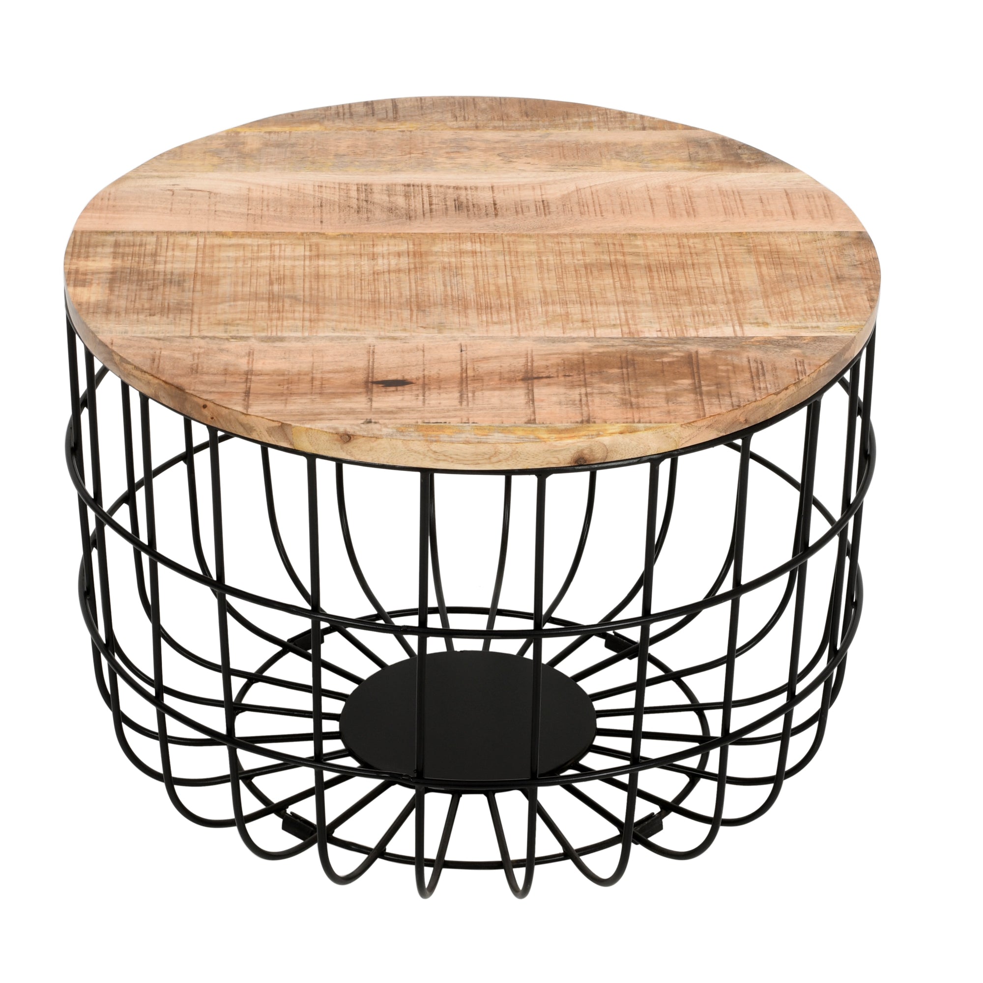 Merlin Mango Wooden Wire Coffee Table Round wooden table with black wire base on a white background
