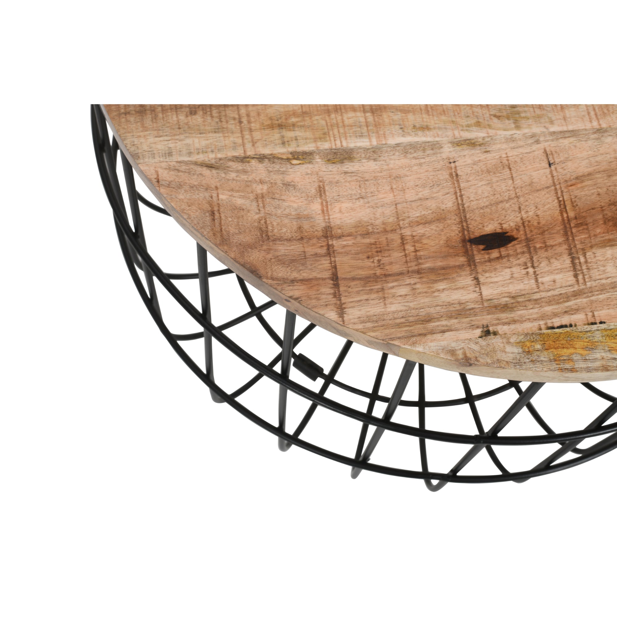 Merlin Mango Wooden Wire Coffee Table Half-moon wooden shelf with black metal wire frame on a white background