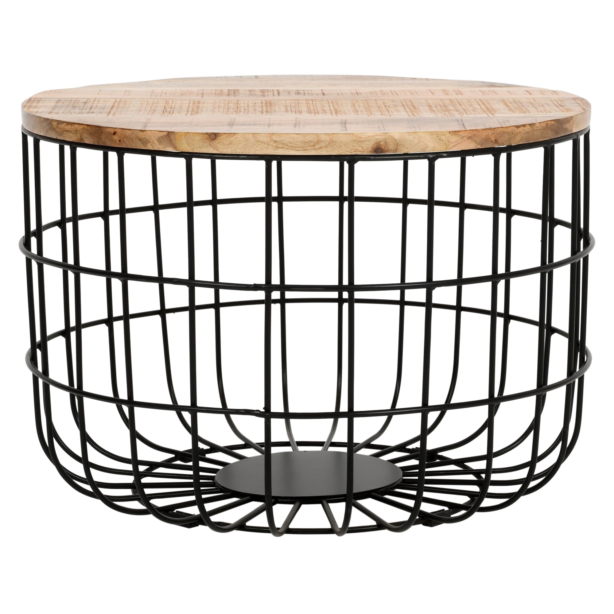 Merlin Mango Wooden Wire Coffee Table Round side table with wooden top and black wire frame on a white background