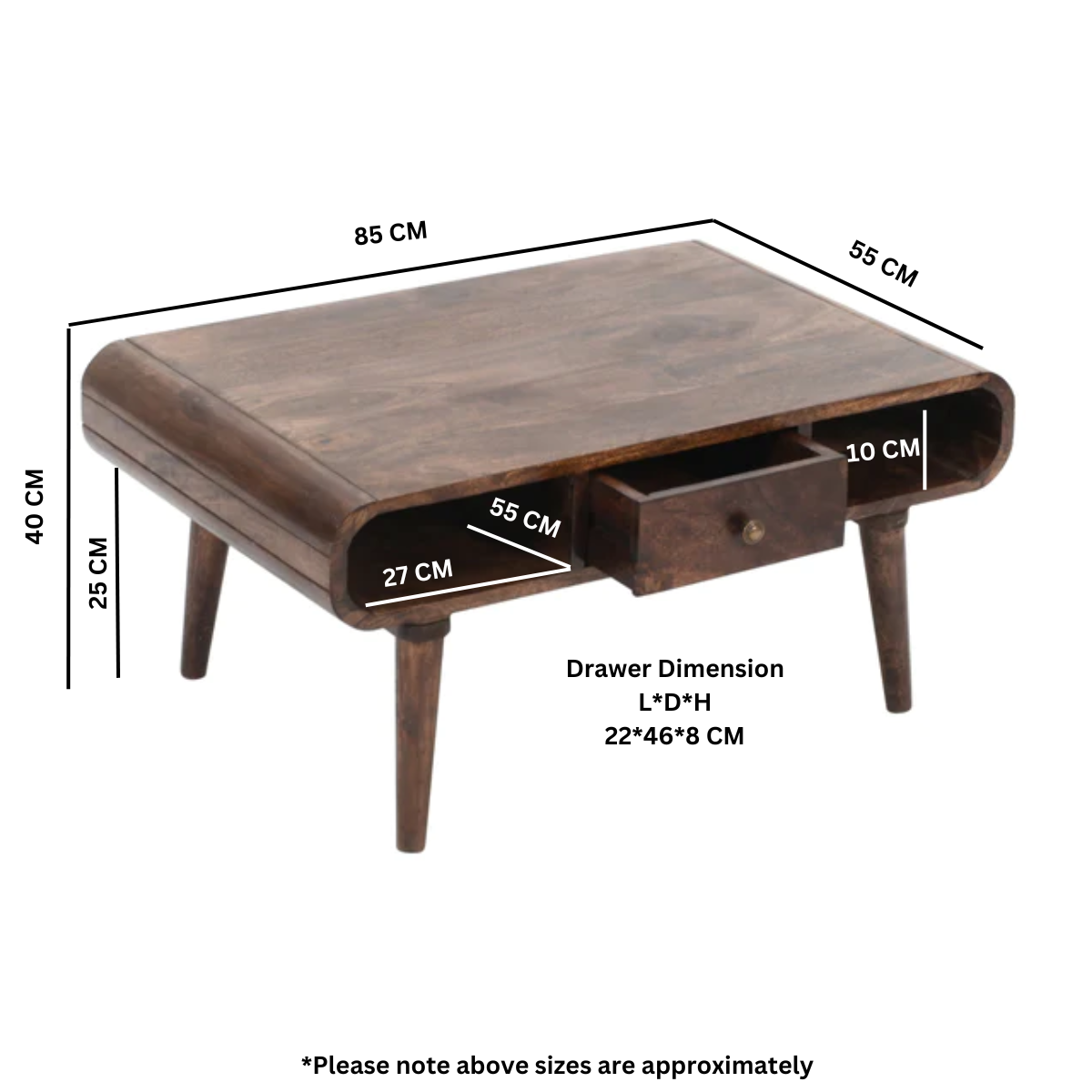 Franklin Dark Mango Wood Coffee Table with Drawer Wooden coffee table with dimensions labeled on a white background