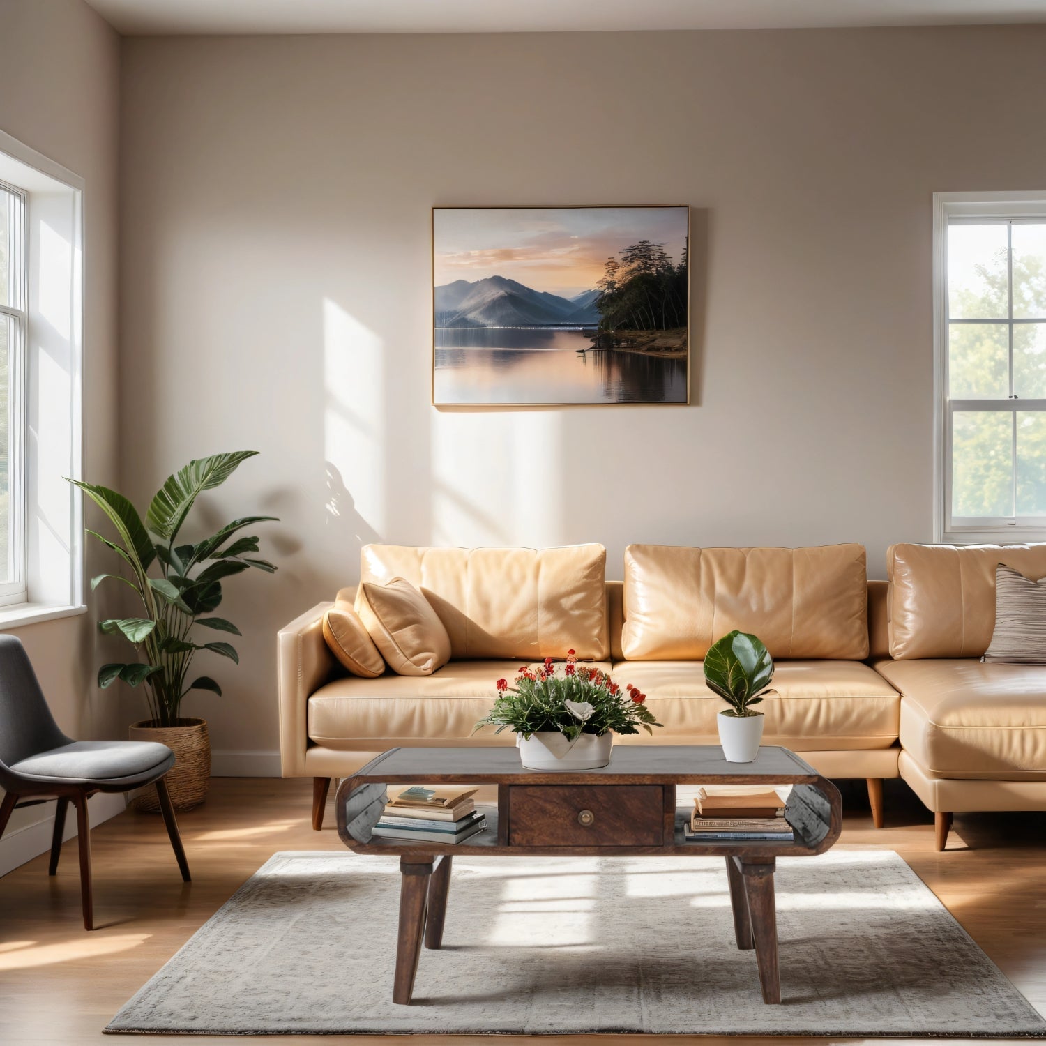 Franklin Dark Mango Wood Coffee Table with Drawer Modern living room with beige sofa, wooden coffee table, and decorative plants.