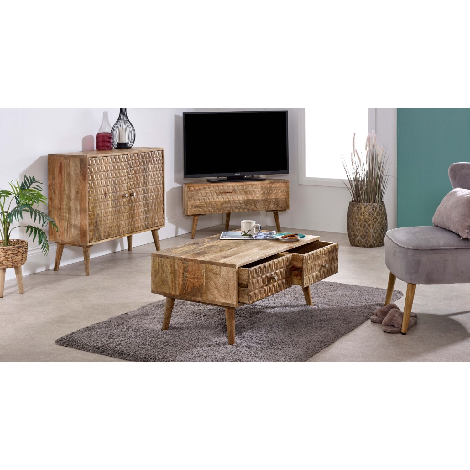 Marlow Light Mango Wood Corner TV Stand Marlow Light Mango Wood Corner TV Stand