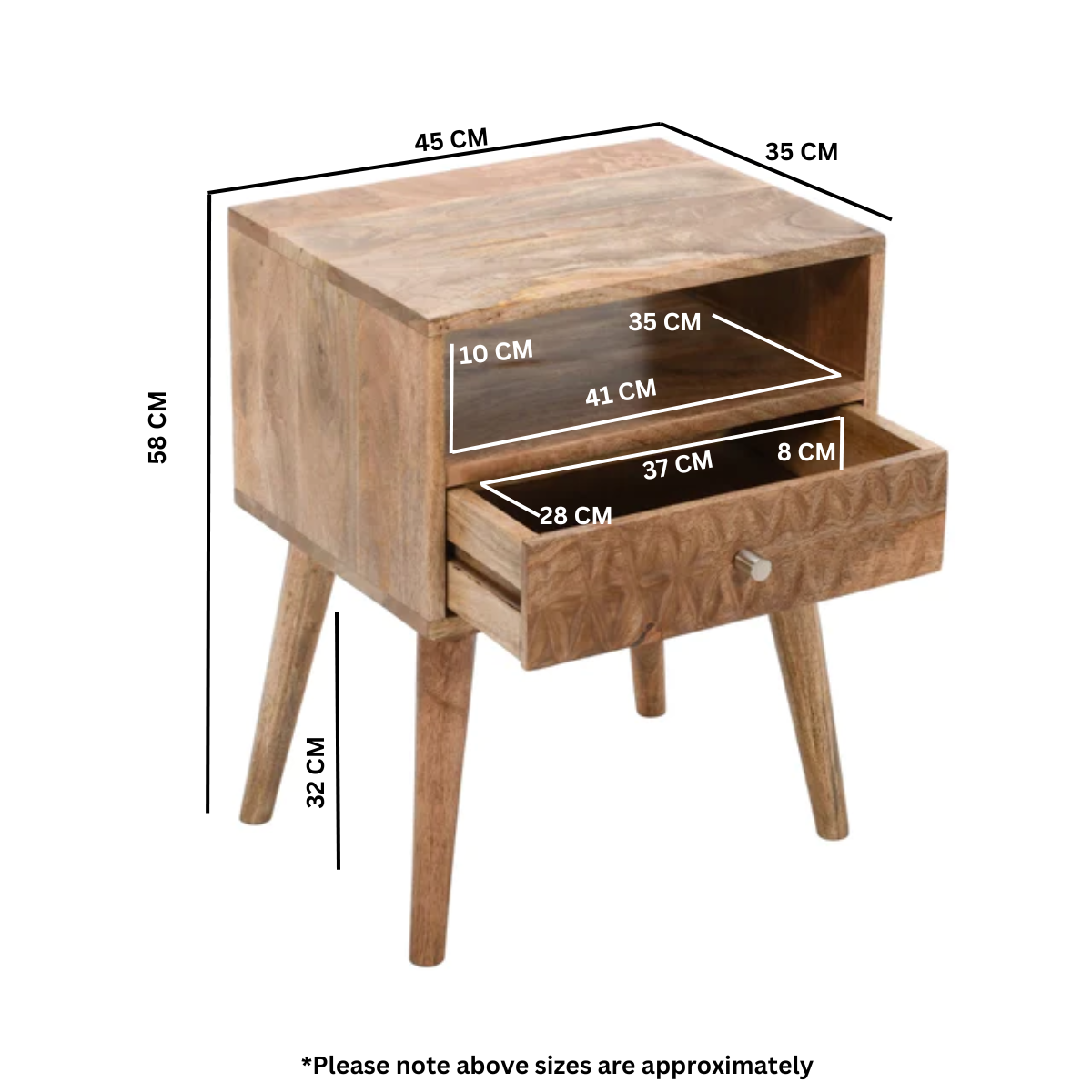 Marlow Light Mango Wood Bedside Table with 1 Drawer & Open Slot Marlow Light Mango Wood Bedside Table with 1 Drawer & Open Slot