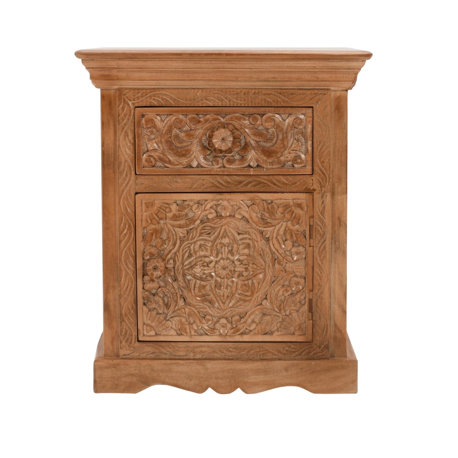 Carved Mango Wood Bedside Table With Storage Carved Mango Wood Bedside Table With Storage