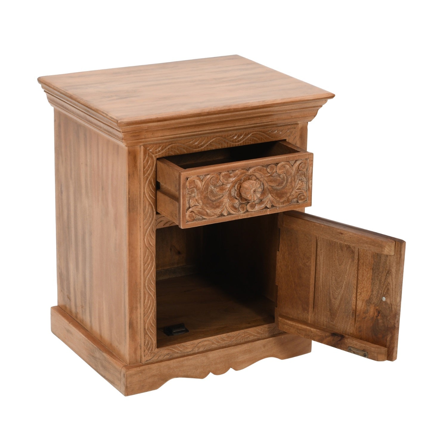 Carved Mango Wood Bedside Table With Storage Carved Mango Wood Bedside Table With Storage