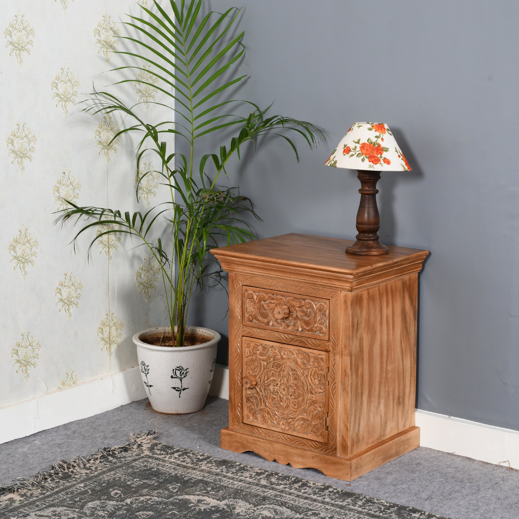 Carved Mango Wood Bedside Table With Storage Carved Mango Wood Bedside Table With Storage