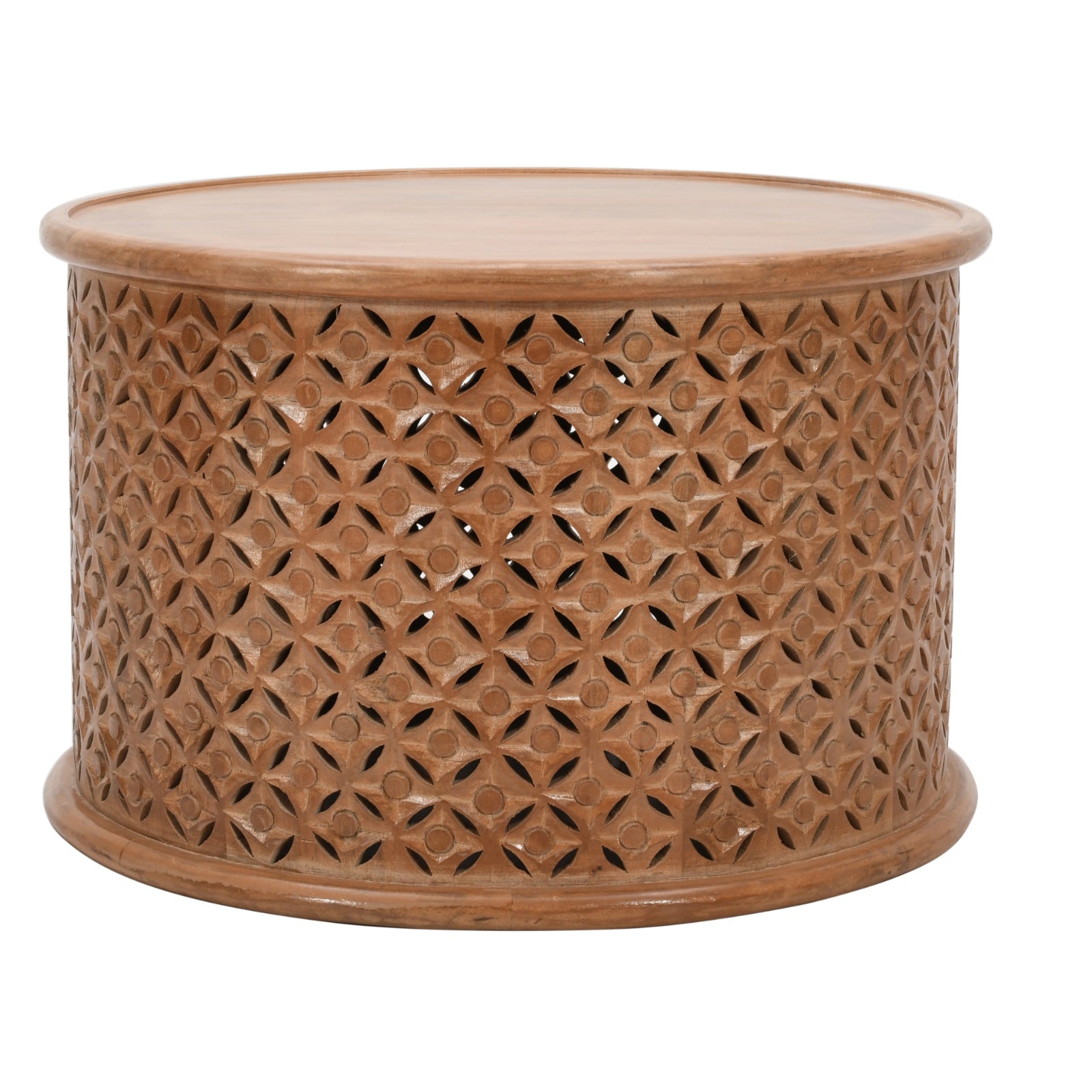 Carved Mango Wood Round Coffee Table Brown woven cylindrical table on a white background