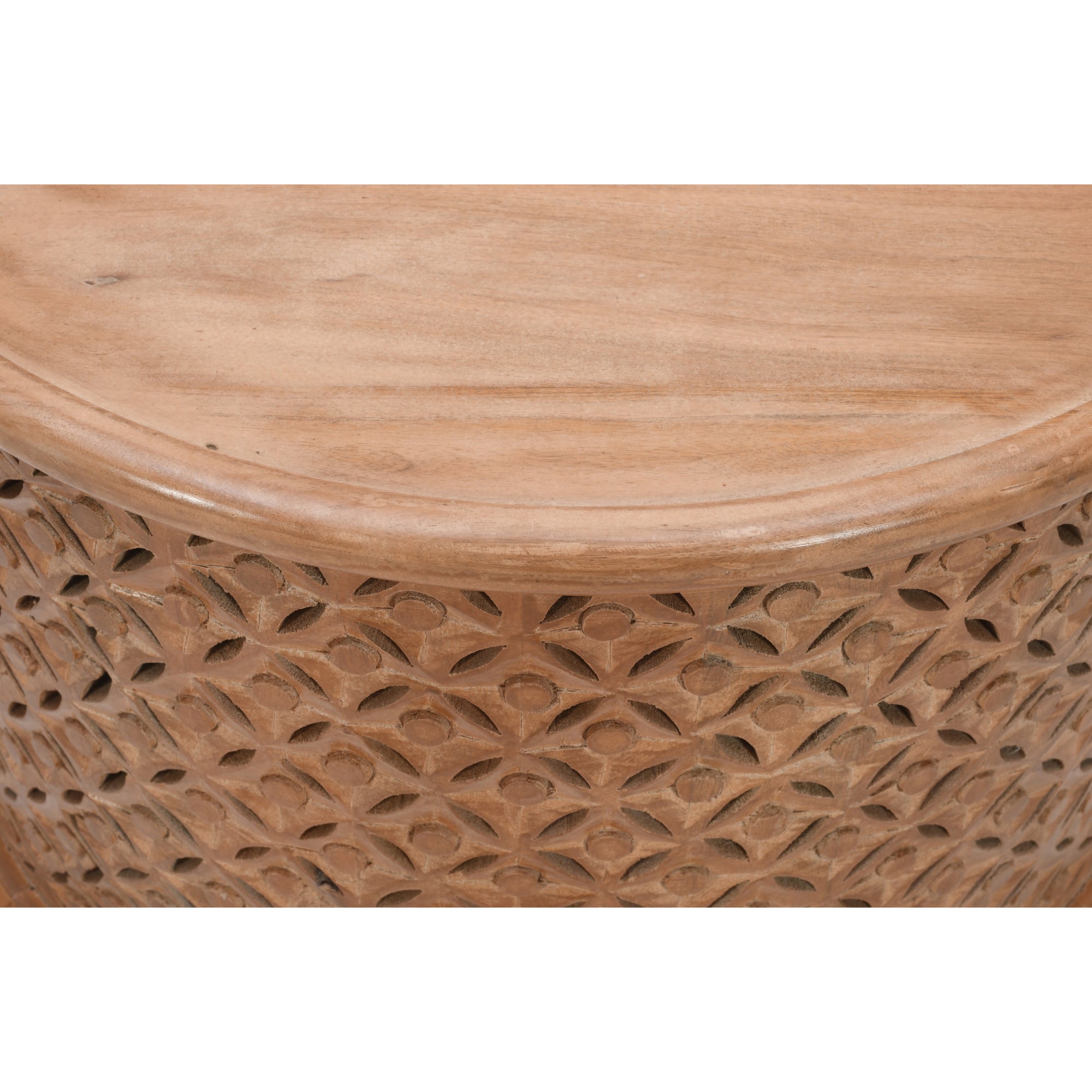 Carved Mango Wood Round Coffee Table Wooden table with intricate carvings on a white background