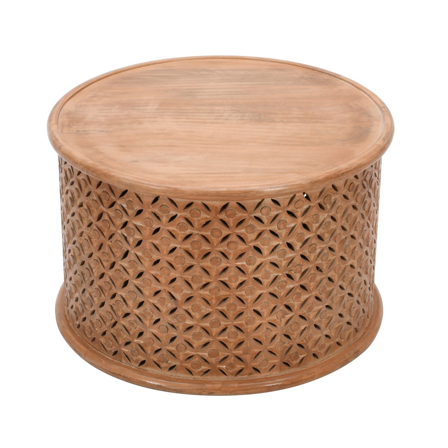 Carved Mango Wood Round Coffee Table Wooden side table with lattice design on a white background