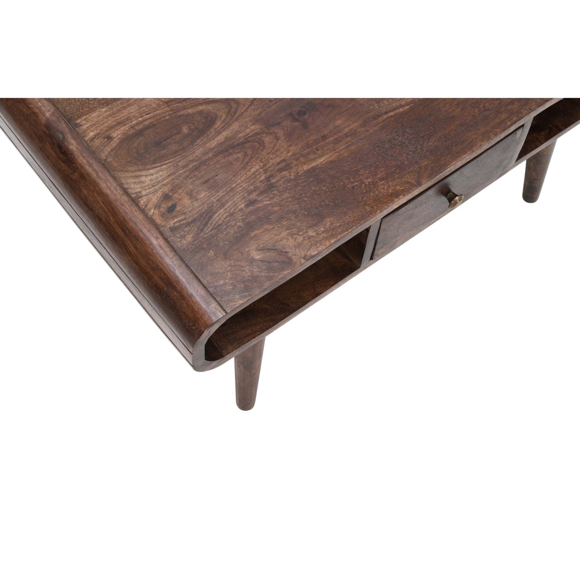 Franklin Dark Mango Wood Coffee Table with Drawer Wooden coffee table with a dark brown finish on a white background
