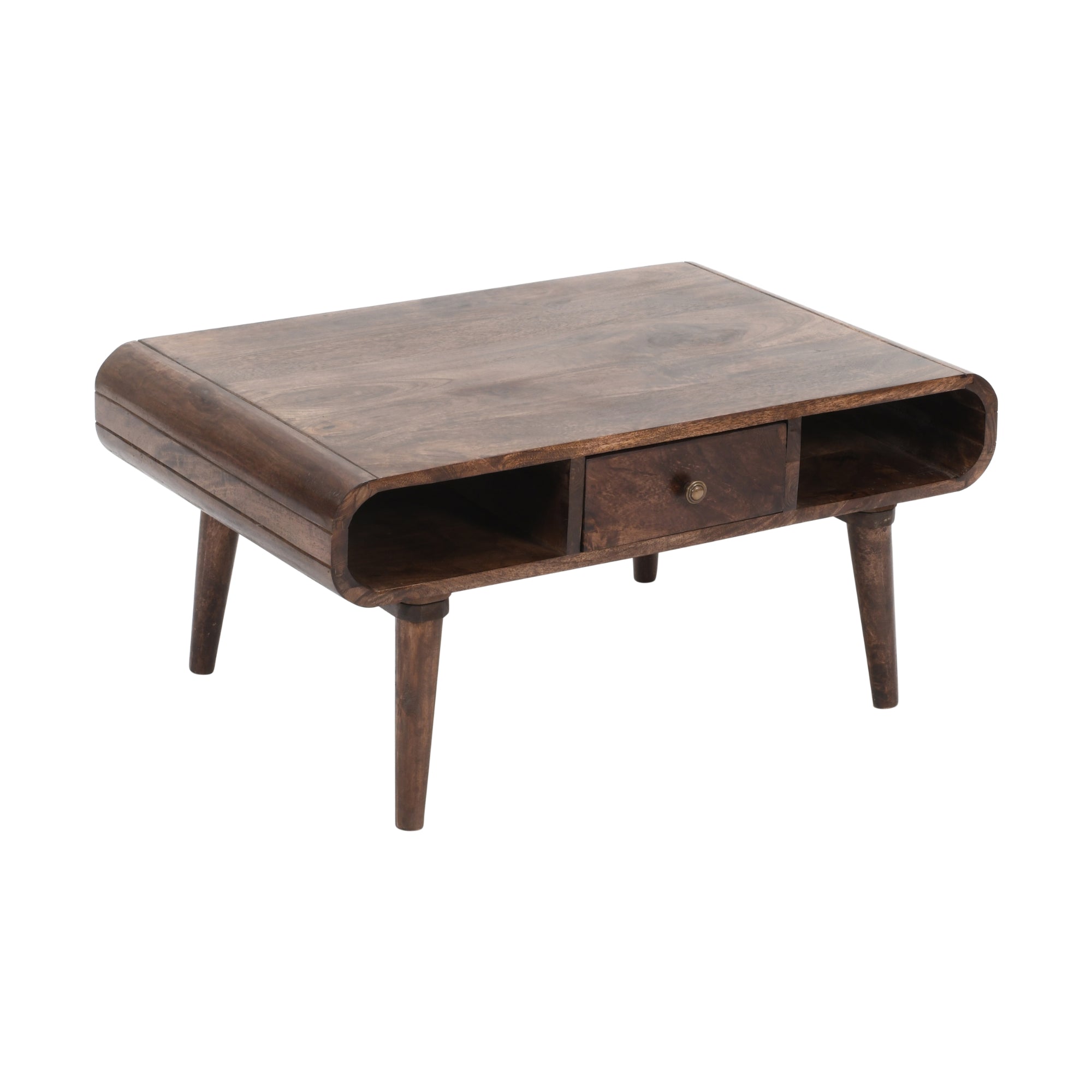 Franklin Dark Mango Wood Coffee Table with Drawer Wooden coffee table with storage compartments on a white background