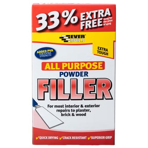 Box of Everbuild all-purpose powder filler with promotional text on a white background