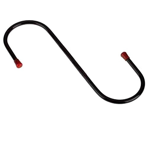 Black metal U-shaped tool with red ends on a white background