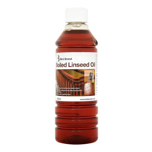 Bottle of Boiled Linseed Oil with a white label on a white background