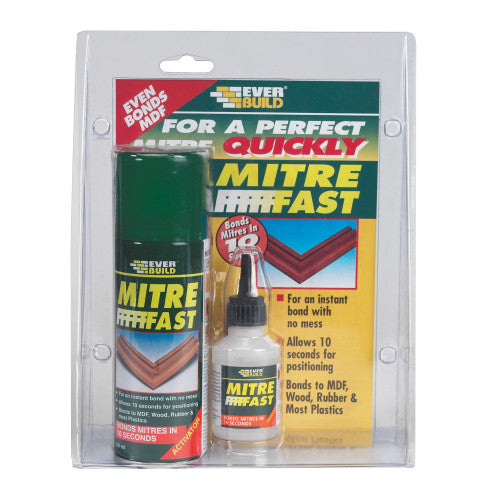 Everbuild Mitre Fast packaging with glue and brush on a white background