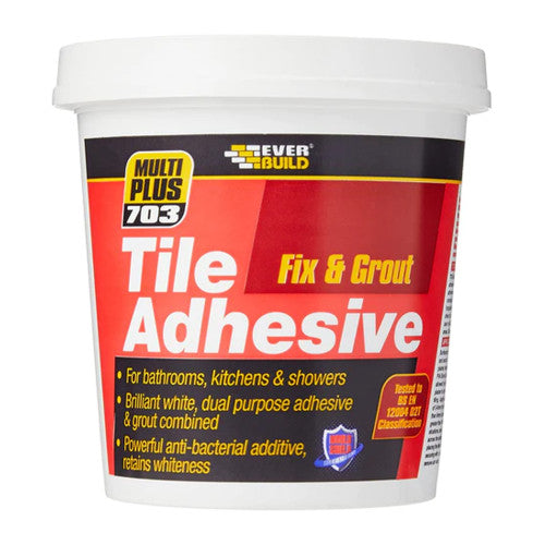 Tile adhesive container with red label on a white background