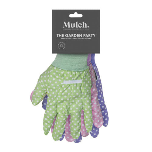 Mulch 'Garden Party' Gardening Gloves Size Medium - 3 Pairs - Pink, Green & Lavender Triple Pack