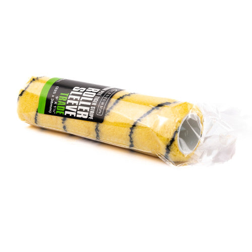 Roller sleeve with black and yellow stripes in clear packaging on a white background
