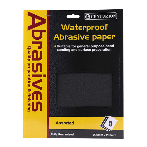 Packaging of Centurion waterproof abrasive paper with yellow and black design.