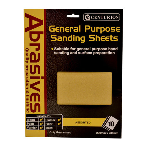Packaging of Centurion General Purpose Sanding Sheets with a sanding sheet on a black background.